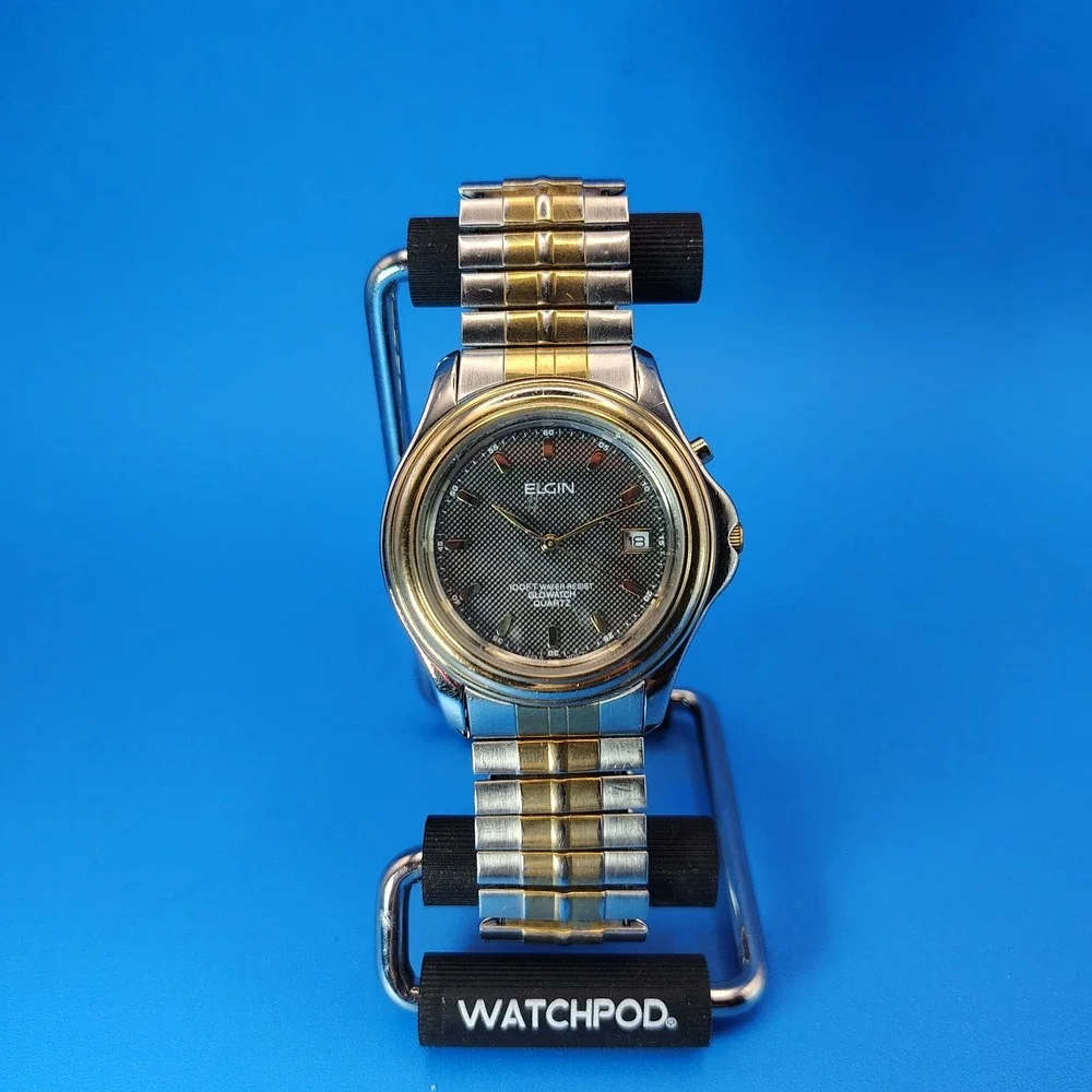 Vintage 1996 Elgin Glowatch Date Two Tone 32mm Mens Quartz Dress Watch Restored